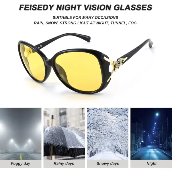 FEISEDY Women Classic Polarized Night Vision Driving Glasses Anti Glare Ladies Yellow Lens Sunglasses B2730Black