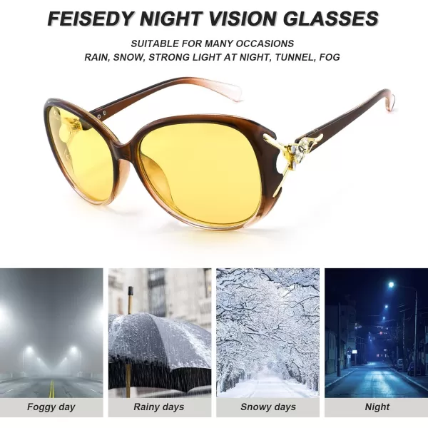 FEISEDY Women Classic Polarized Night Vision Driving Glasses Anti Glare Ladies Yellow Lens Sunglasses B2730Brown