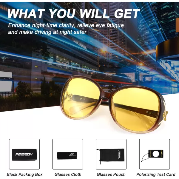 FEISEDY Women Classic Polarized Night Vision Driving Glasses Anti Glare Ladies Yellow Lens Sunglasses B2730Brown