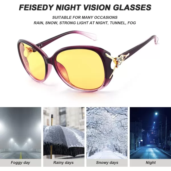 FEISEDY Women Classic Polarized Night Vision Driving Glasses Anti Glare Ladies Yellow Lens Sunglasses B2730Purple