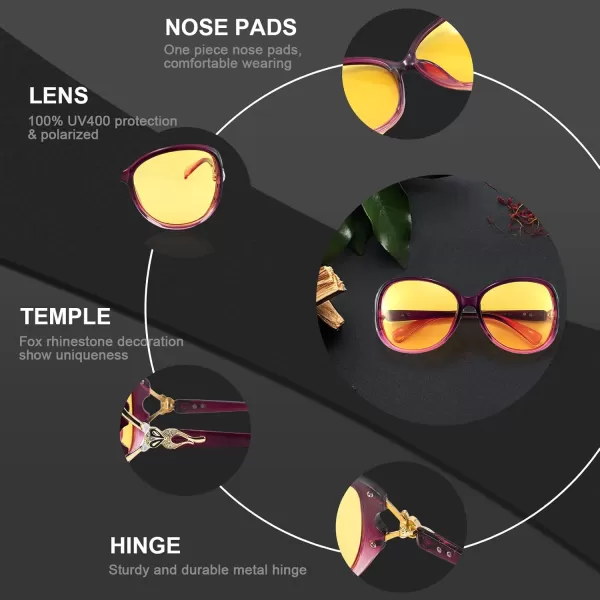 FEISEDY Women Classic Polarized Night Vision Driving Glasses Anti Glare Ladies Yellow Lens Sunglasses B2730Purple