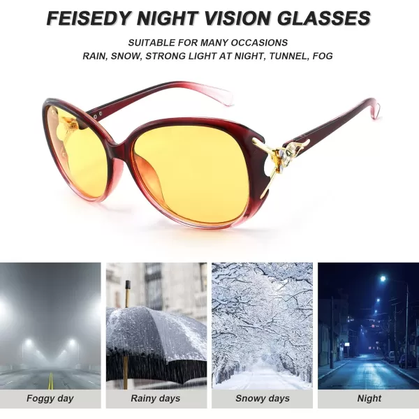 FEISEDY Women Classic Polarized Night Vision Driving Glasses Anti Glare Ladies Yellow Lens Sunglasses B2730Wine