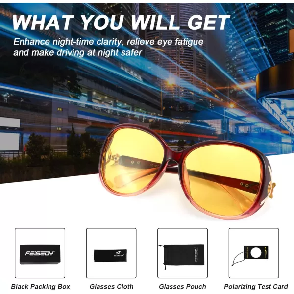 FEISEDY Women Classic Polarized Night Vision Driving Glasses Anti Glare Ladies Yellow Lens Sunglasses B2730Wine
