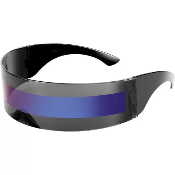 FEISEDY 80s Futuristic Cyclops Cyber Visor Sunglasses Men Women Punk Style Cosplay B2740Black  Blue Mirror Stripe