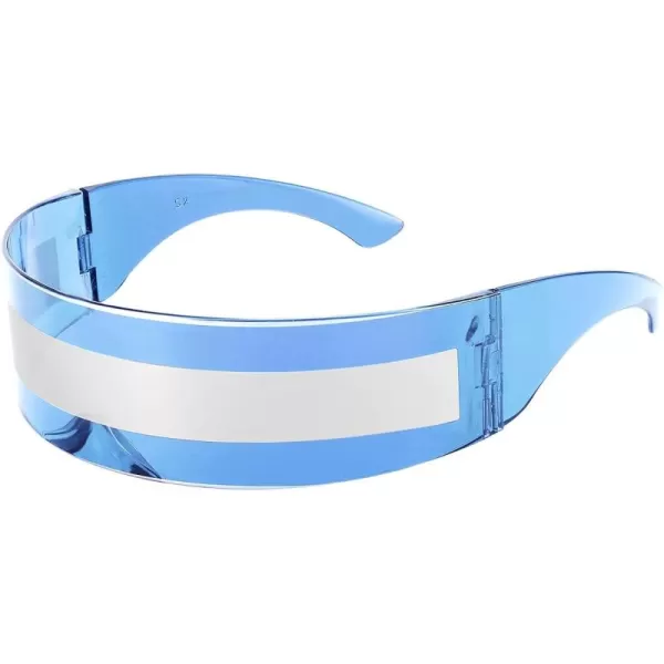 FEISEDY 80s Futuristic Cyclops Cyber Visor Sunglasses Men Women Punk Style Cosplay B2740Blue  Silver Stripe