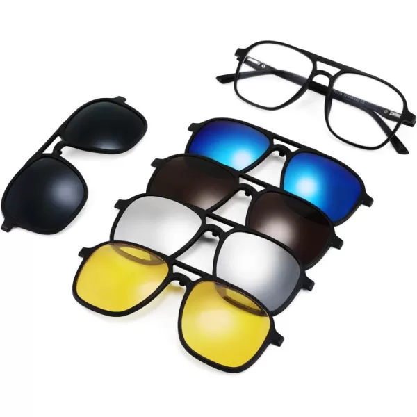 FEISEDY Magnetic Clip on Sunglasses TR90 Frame TAC 5pcs Replacement Lens Set Sunglasses for Men Women B2884Aviator Frame With 5 Lenses