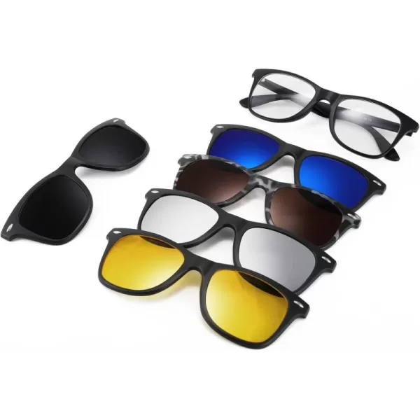 FEISEDY Magnetic Clip on Sunglasses TR90 Frame TAC 5pcs Replacement Lens Set Sunglasses for Men Women B2884Square Frame With 5 Lenses