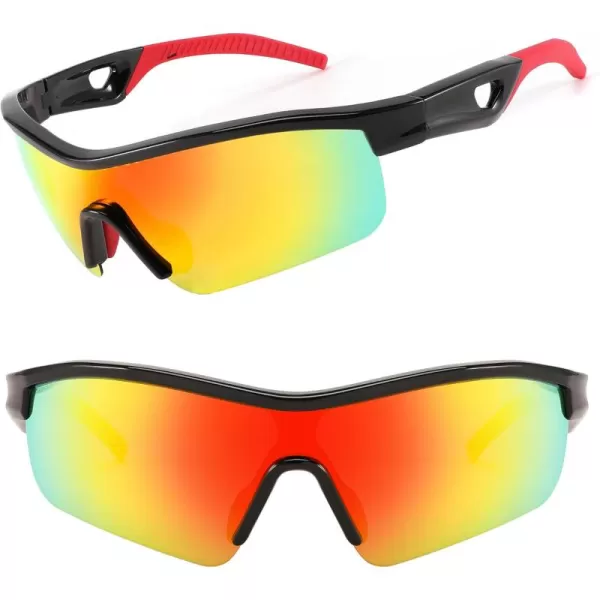 FEISEDY Men Sunglasses Polarized Cycling Sunglasses UV400 Sports Baseball Running Fishing Hiking Shades B2372001 Black Frame  Red Mirror