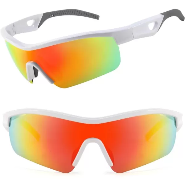 FEISEDY Men Sunglasses Polarized Cycling Sunglasses UV400 Sports Baseball Running Fishing Hiking Shades B2372002 White Frame  Red Mirror