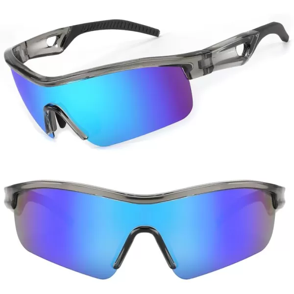 FEISEDY Men Sunglasses Polarized Cycling Sunglasses UV400 Sports Baseball Running Fishing Hiking Shades B2372004 Transparent Grey Frame  Blue Mirror