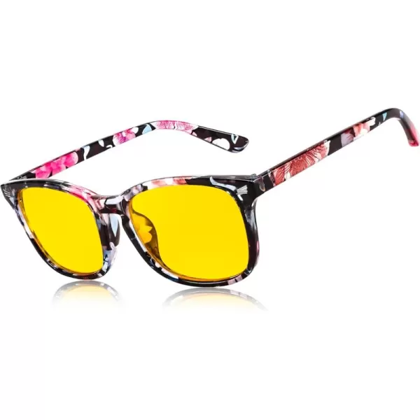 FEISEDY Night Vision Driving Glasses Yellow Lens Reduce Glare Safety Driving Sunglasses B0089Floral Frame