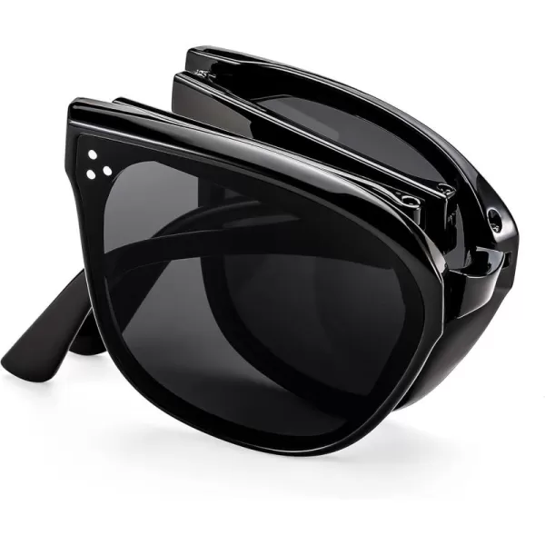 FEISEDY Oversized Square Foldable Sunglasses Easy Carry Folding Ultralight with Glasses Case UV Protection B2955Black Frame  Grey Lens