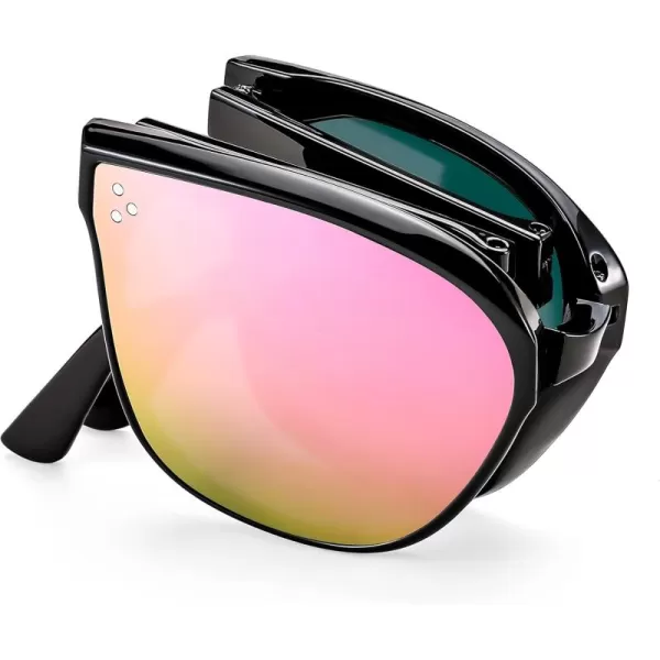 FEISEDY Oversized Square Foldable Sunglasses Easy Carry Folding Ultralight with Glasses Case UV Protection B2955Black Frame  Pink Mirror Lens