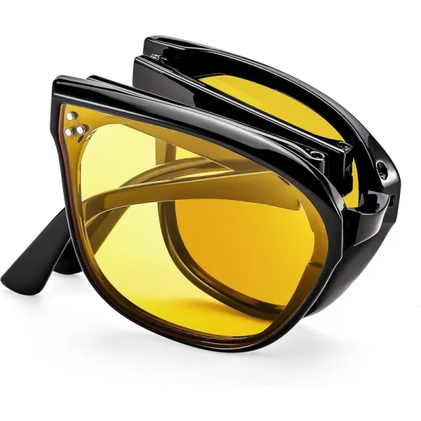 FEISEDY Oversized Square Foldable Sunglasses Easy Carry Folding Ultralight with Glasses Case UV Protection B2955Black Frame  Yellow Lens