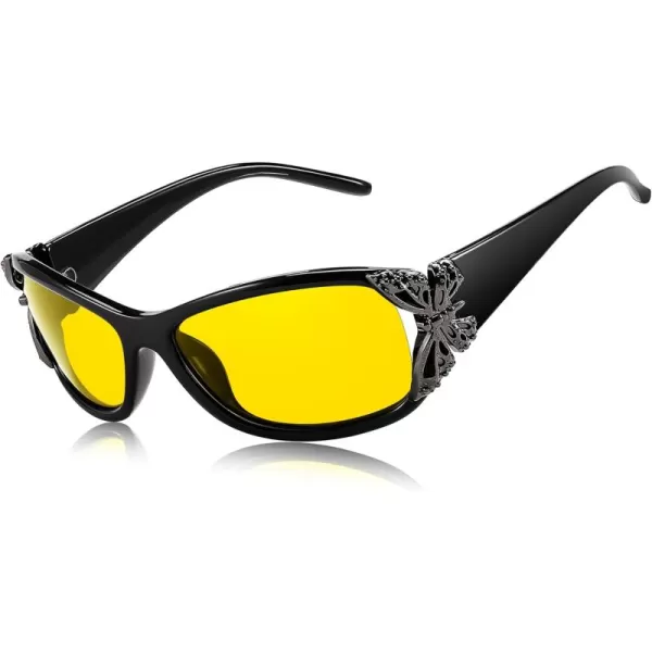 FEISEDY Polarized Night Vision Glasses for Women Yellow Lens Anti Glare Safety Driving UV Protection B0103Black