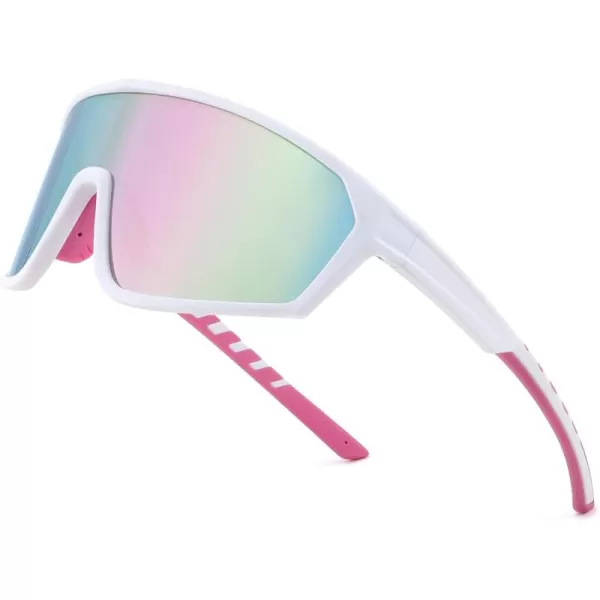 FEISEDY Polarized Sports Sunglasses for Men Women Cycling Running Fishing Tac Glasses UV400 Protection B1125White Frame  Pink Mirror Lens