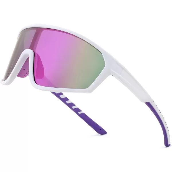 FEISEDY Polarized Sports Sunglasses for Men Women Cycling Running Fishing Tac Glasses UV400 Protection B1125White Frame  Purple Mirror Lens