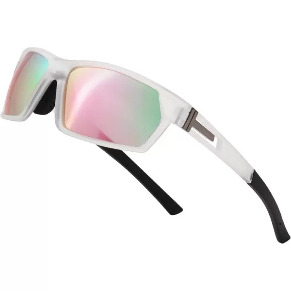 FEISEDY Polarized Sports Sunglasses for Men Women Youth Baseball Cycling Running Glasses UV400 Protection B0135Transparent Frame  Pink Mirror Lens