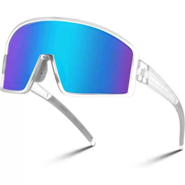 FEISEDY Polarized Sports Sunglasses for Men Women Youth Cycling Glasses Baseball Softball Sunglasses B2368Transparent Frame Blue Mirror Lens