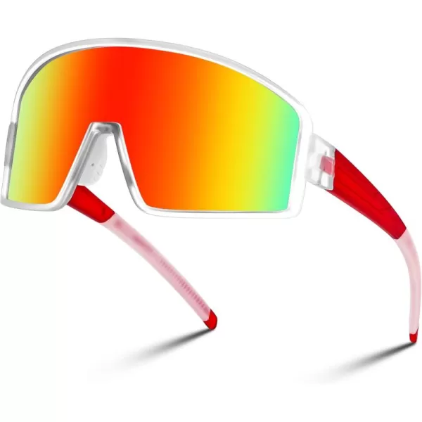 FEISEDY Polarized Sports Sunglasses for Men Women Youth Cycling Glasses Baseball Softball Sunglasses B2368Transparent Frame Red Mirror Lens