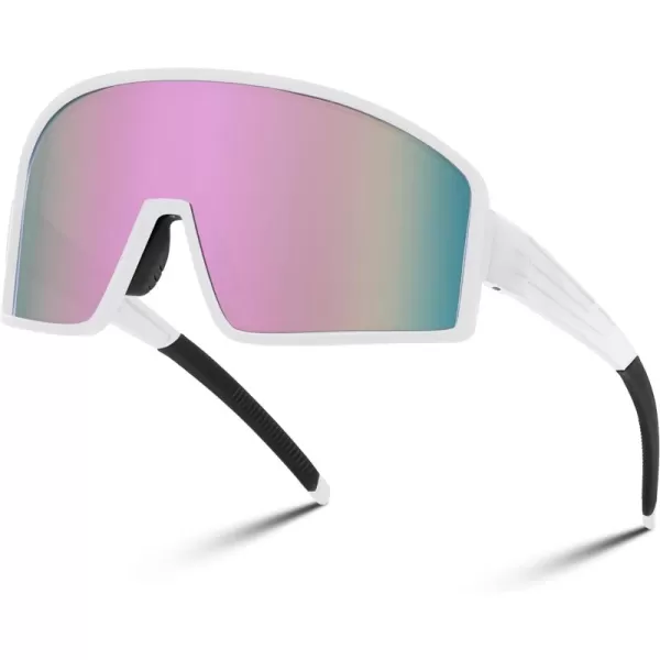 FEISEDY Polarized Sports Sunglasses for Men Women Youth Cycling Glasses Baseball Softball Sunglasses B2368White Frame Pink Mirror Lens