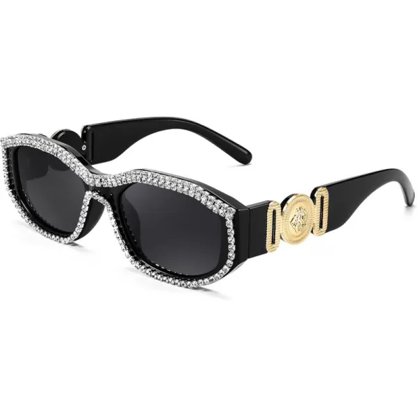FEISEDY Rectangle Rhinestone Sunglasses for Women Men Bling Jeweled Retro Square Sunglasses 90s Vintage Shades B0091BlackRhinestone