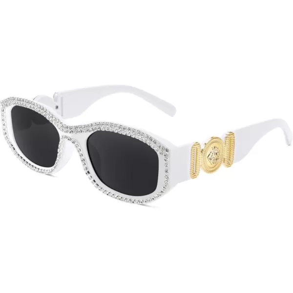 FEISEDY Rectangle Rhinestone Sunglasses for Women Men Bling Jeweled Retro Square Sunglasses 90s Vintage Shades B0091WhiteRhinestone