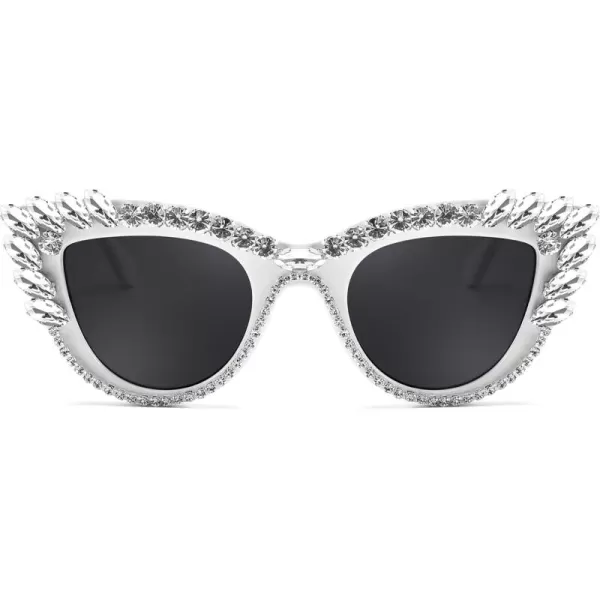 FEISEDY Retro Cat Eye Women Sunglasses Crystal Rhinestone Sparkling Bejewelled Vintage Sunnies B4075White