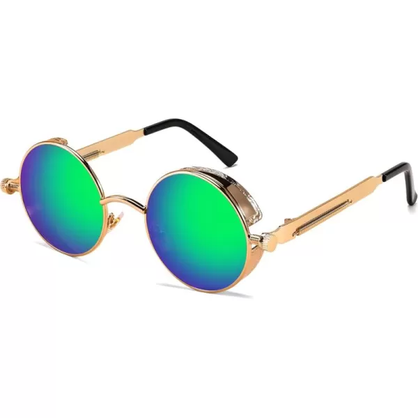 FEISEDY Retro Gothic Steampunk Sunglasses Round Metal Frame Punk Circle Inspired Shade Men B1857GoldGreen Mirror