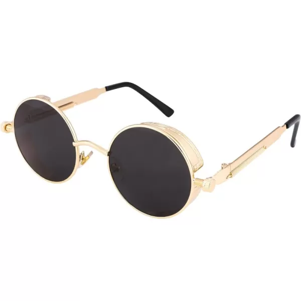 FEISEDY Retro Gothic Steampunk Sunglasses Round Metal Frame Punk Circle Inspired Shade Men B1857GoldGrey