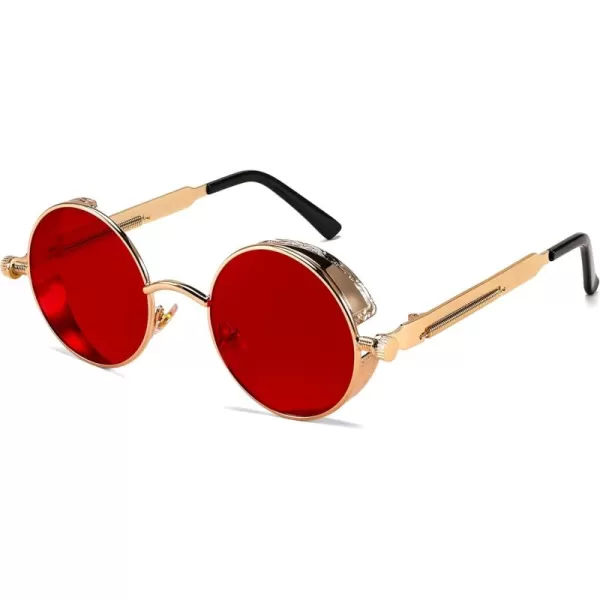 FEISEDY Retro Gothic Steampunk Sunglasses Round Metal Frame Punk Circle Inspired Shade Men B1857GoldRed