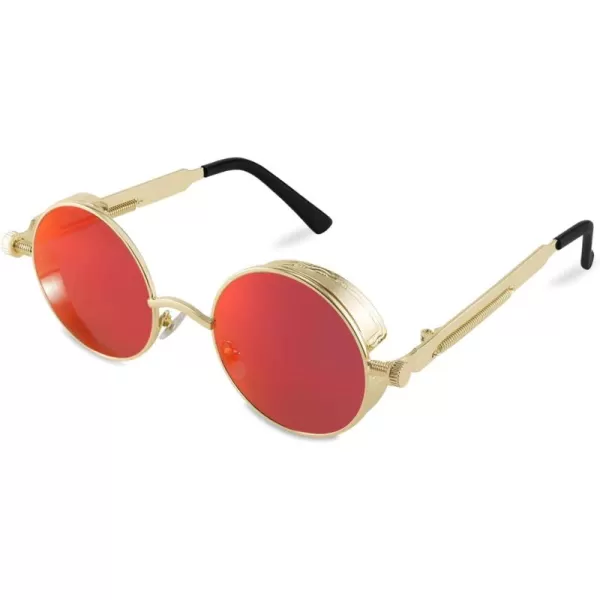 FEISEDY Retro Gothic Steampunk Sunglasses Round Metal Frame Punk Circle Inspired Shade Men B1857GoldRed Mirrored
