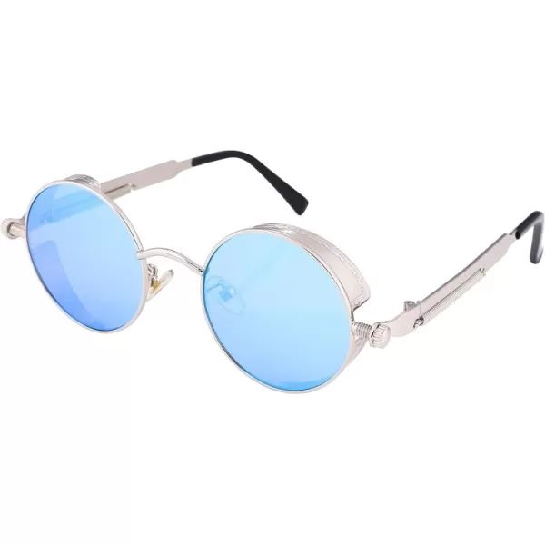 FEISEDY Retro Gothic Steampunk Sunglasses Round Metal Frame Punk Circle Inspired Shade Men B1857SilverBlue