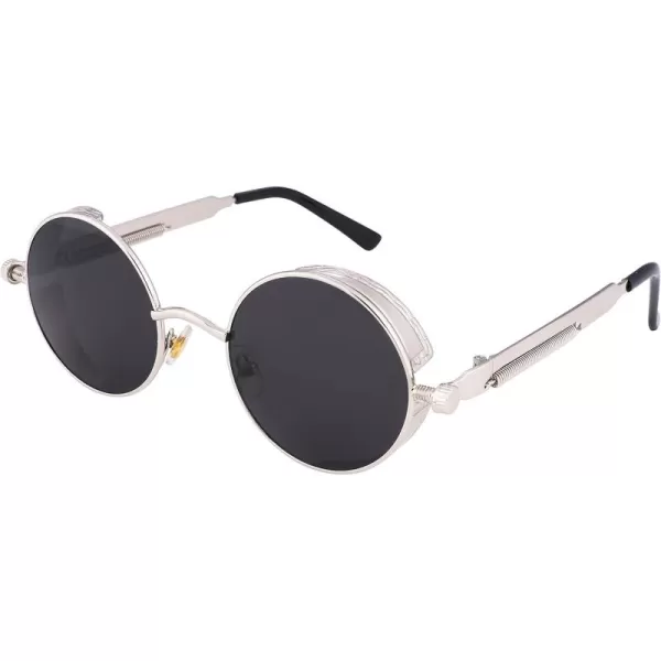 FEISEDY Retro Gothic Steampunk Sunglasses Round Metal Frame Punk Circle Inspired Shade Men B1857SilverGrey