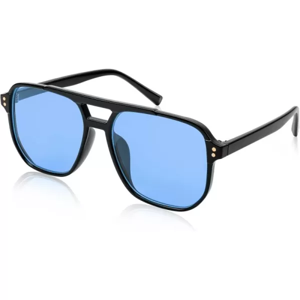 FEISEDY Retro Square Aviator Sunglasses Women Men 70s Vintage Trendy Plastic Frame Sun Glasses B2835006 Black FrameBlue Lens