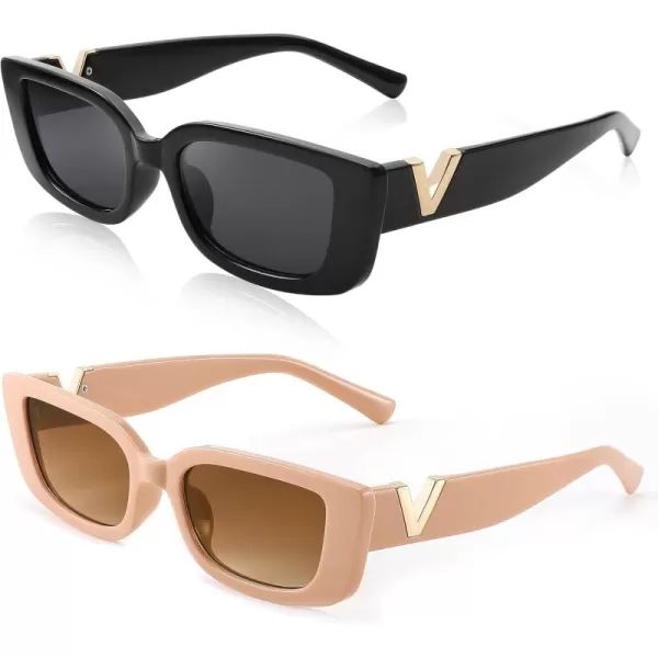 FEISEDY Small Rectangle Sunglasses for Women Men Vintage Trendy Y2K Rectangular Sunglasses B9066Black  Beige Pink