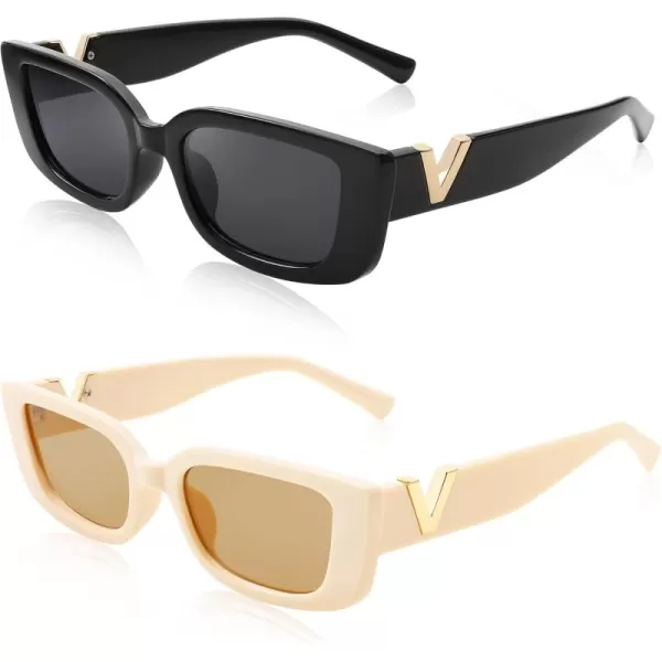 FEISEDY Small Rectangle Sunglasses for Women Men Vintage Trendy Y2K Rectangular Sunglasses B9066Blackbeige