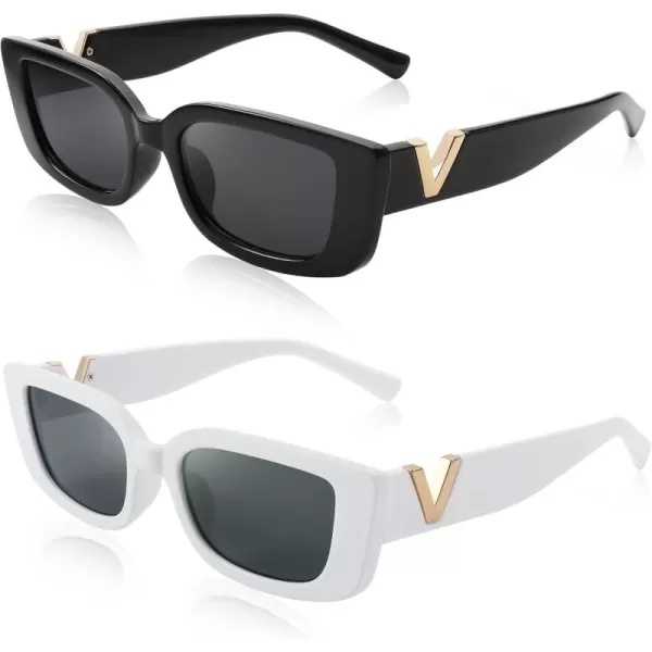 FEISEDY Small Rectangle Sunglasses for Women Men Vintage Trendy Y2K Rectangular Sunglasses B9066Blackwhite
