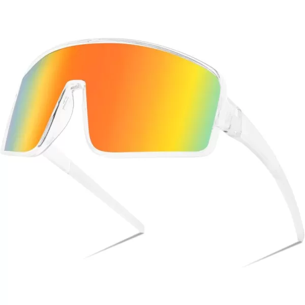 FEISEDY Sports Sunglasses Polarized Oversized Shield for Women Men Youth Baseball Cycling Running Outdoor Visor B2988001 Transparent Frame  Red Mirror Lens