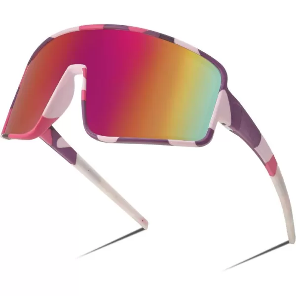 FEISEDY Sports Sunglasses Polarized Oversized Shield for Women Men Youth Baseball Cycling Running Outdoor Visor B2988002 Pink Camouflage Frame  Purple Lens
