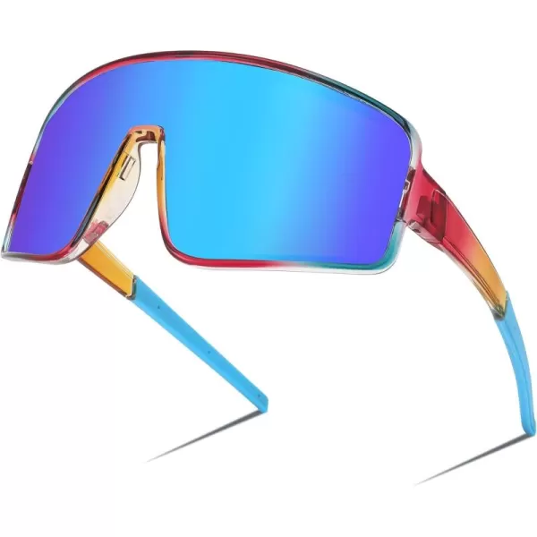 FEISEDY Sports Sunglasses Polarized Oversized Shield for Women Men Youth Baseball Cycling Running Outdoor Visor B2988005 Transparent Blue Red Frame  Blue Mirror Lens