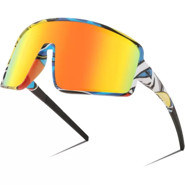 FEISEDY Sports Sunglasses Polarized Oversized Shield for Women Men Youth Baseball Cycling Running Outdoor Visor B2988006 Colorful Graffiti Frame  Red Mirror Lens