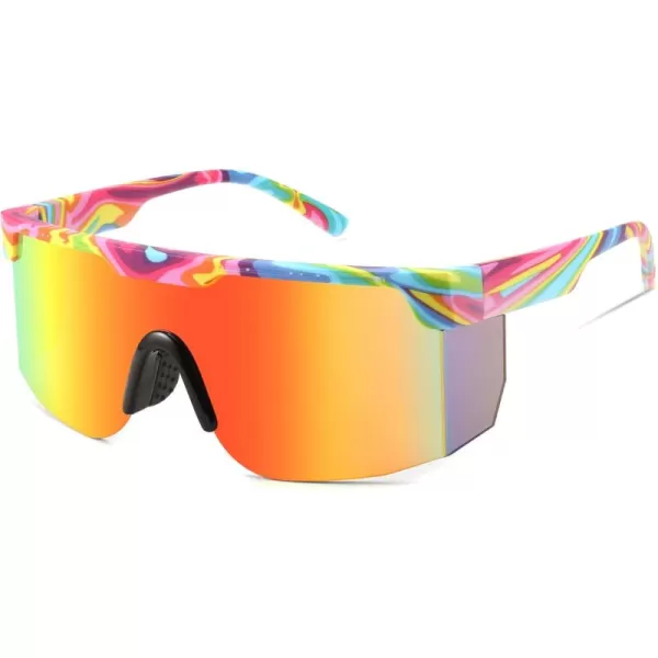 FEISEDY Sunglasses Women Men Sports 80s Visor Retro Neon Square Sun Glasses Miorred Shades UV400 B0004Rainbow Frame  Red Mirror Lens 02