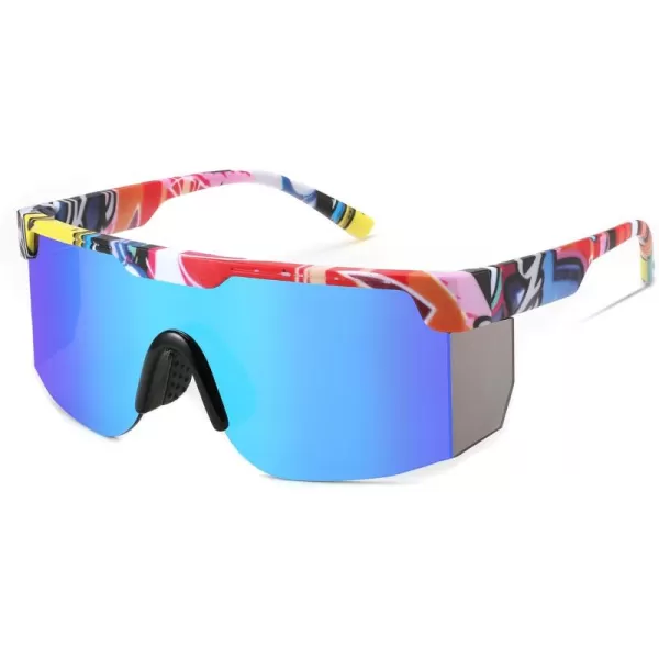 FEISEDY Sunglasses Women Men Sports 80s Visor Retro Neon Square Sun Glasses Miorred Shades UV400 B0004Red Frame  Blue Mirrored Lenses 07