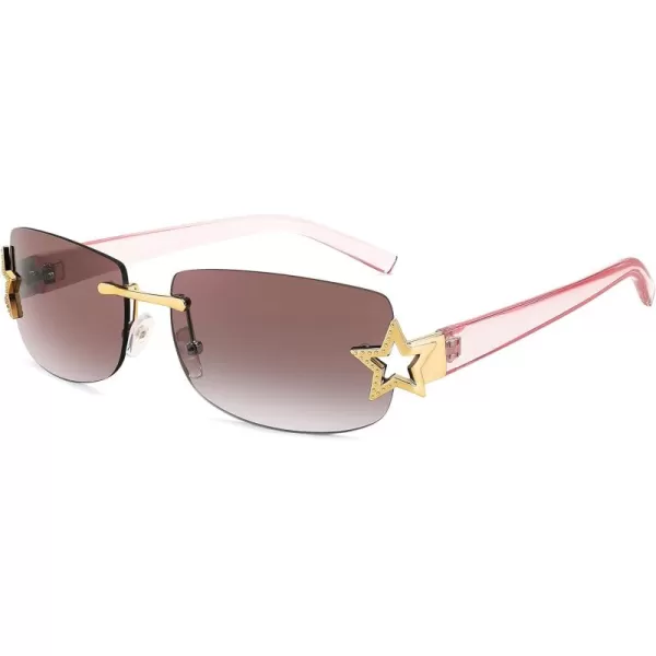 FEISEDY Vintage Rimless Rectangle Sunglasses Trendy 90s Y2K Women Shades B4122Gradient Pink Brown