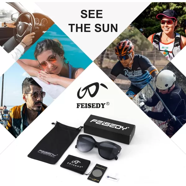 FEISEDY Cat Eye Sunglasses Polarized for Women MenRimless Mirrored Sunglasses Oversized Trendy Retro Sun Glasses B2796001 Bright Black Frame Black Gray Lens