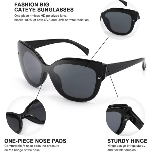 FEISEDY Cat Eye Sunglasses Polarized for Women MenRimless Mirrored Sunglasses Oversized Trendy Retro Sun Glasses B2796001 Bright Black Frame Black Gray Lens