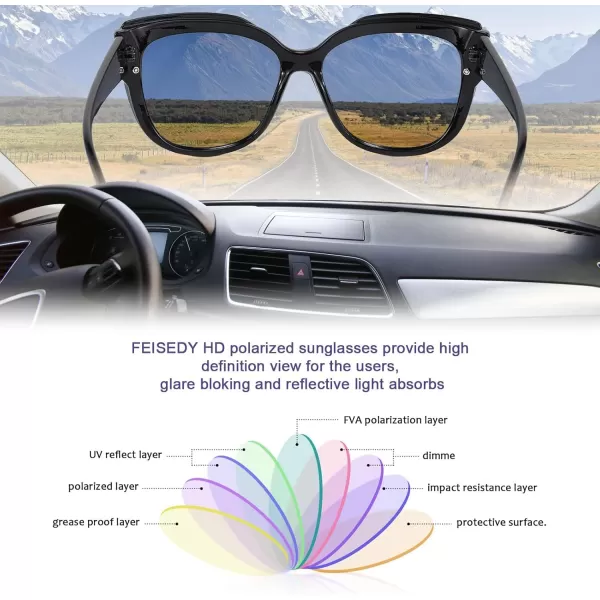 FEISEDY Cat Eye Sunglasses Polarized for Women MenRimless Mirrored Sunglasses Oversized Trendy Retro Sun Glasses B2796001 Bright Black Frame Black Gray Lens