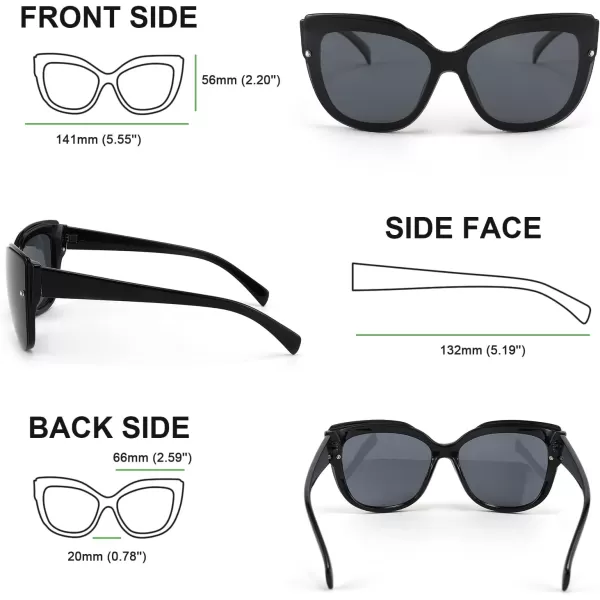 FEISEDY Cat Eye Sunglasses Polarized for Women MenRimless Mirrored Sunglasses Oversized Trendy Retro Sun Glasses B2796001 Bright Black Frame Black Gray Lens