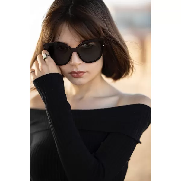 FEISEDY Cat Eye Sunglasses Polarized for Women MenRimless Mirrored Sunglasses Oversized Trendy Retro Sun Glasses B2796001 Bright Black Frame Black Gray Lens